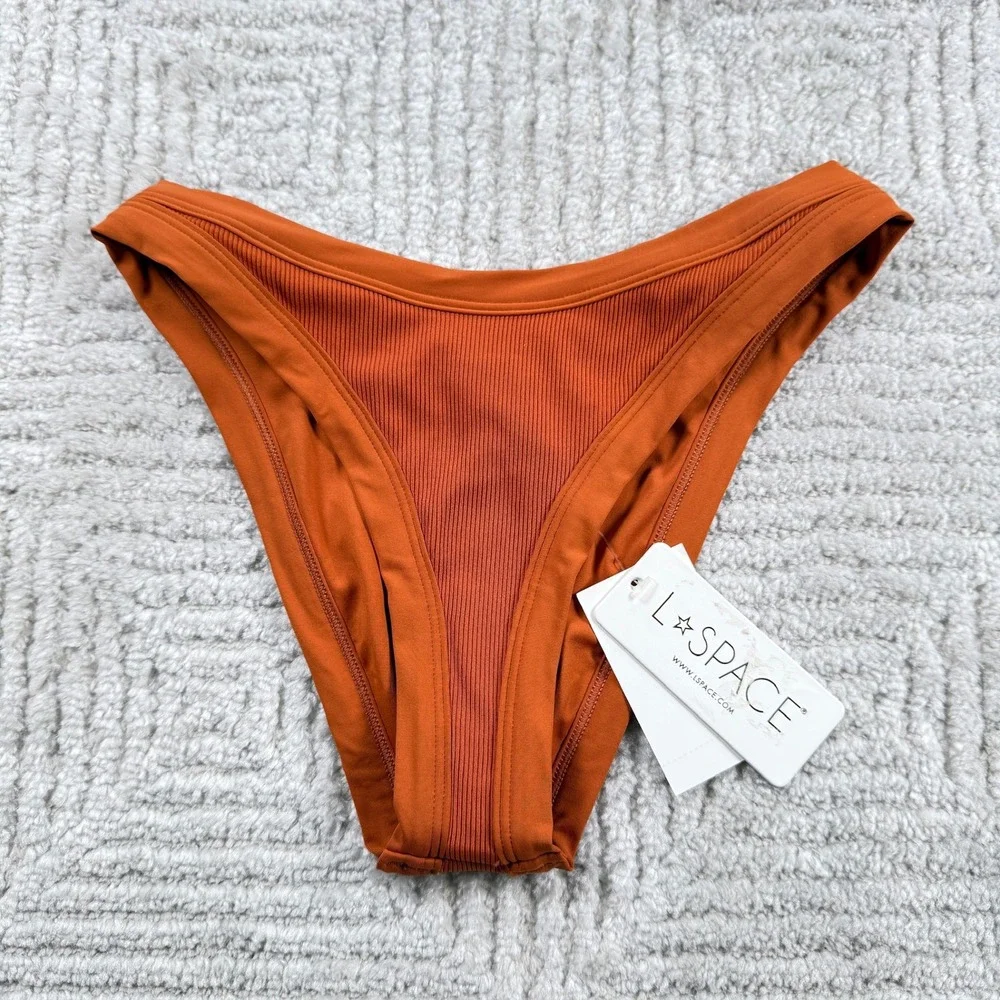 L Space Foley Bikini Bottom Women's S Amber Orange Ribbed Bitsy Cheeky High Cut